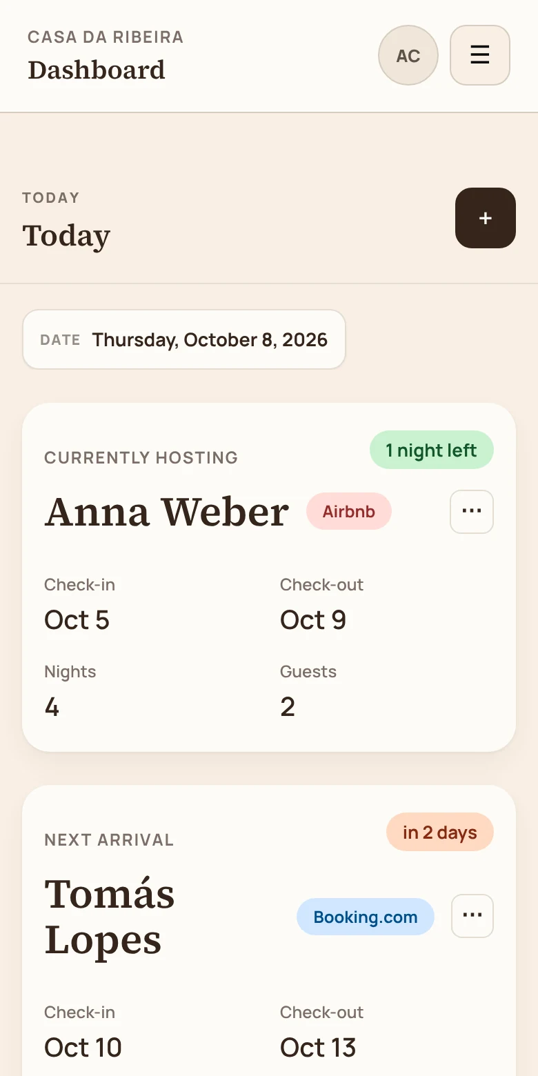 The stay’in Today screen on a phone, with example data: Anna Weber is in the house and Tomás Lopes arrives in 2 days.