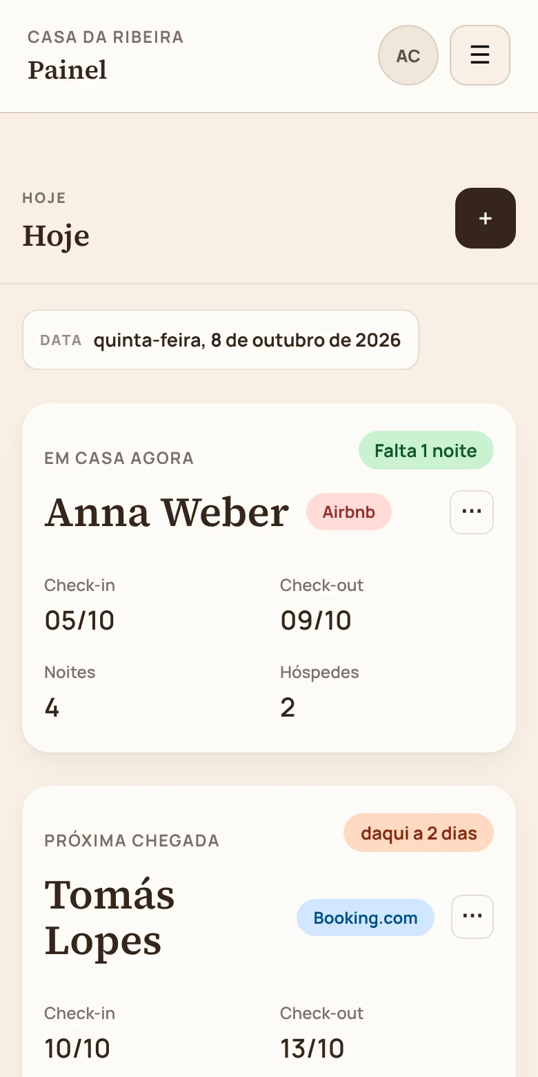 O ecrã Hoje do stay’in num telemóvel, com dados de exemplo: Anna Weber está em casa e Tomás Lopes chega daqui a 2 dias.